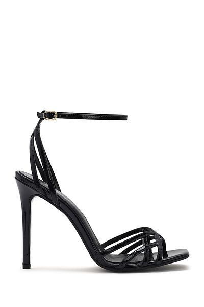 Derimod Women's Black Ankle Strap Thin High Heel Patent Leather Sandals 25Sfd 161116
