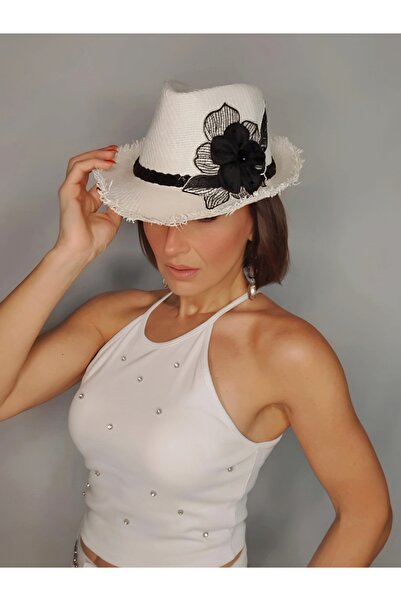 Senbeno Design DANTEL VE ÇİÇEK DETAYLI ÖZGÜN TASARIM KADIN HASIR FÖTR ŞAPKA
