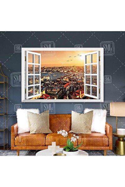 SML TABLO Beyaz Açık Pencereden İstanbul Boğaz Manzarası Yatay Kanvas Tablo