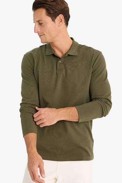 DeFacto New Season 100% Cotton New Regular Fit Basic Plain Long Sleeve Textured Pique Polo T-Shirt