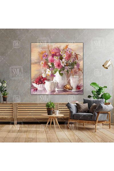 SML TABLO Vasă cu fructe cu efect de pictură în ulei, cu flori, pictură artistică pătrată pe pânză