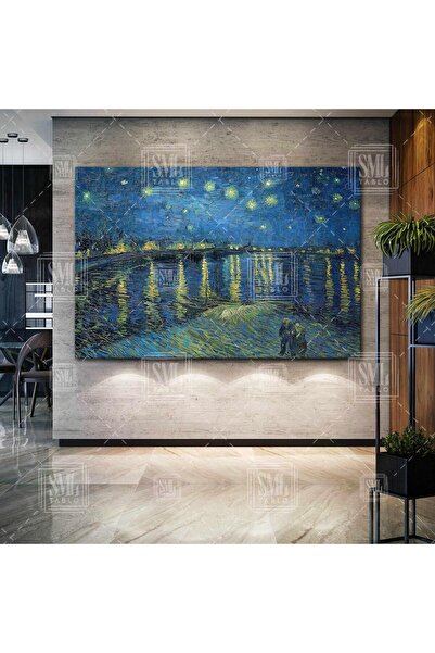 SML TABLO Van Gogh Yıldızlı Gece Yıldızların Yansıması Doğa Manzara Yatay Kan...