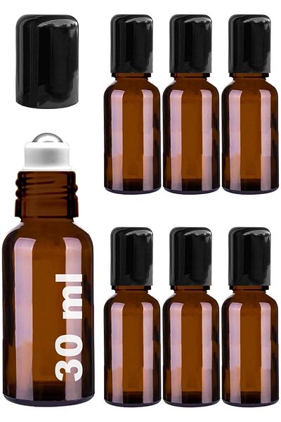 LUXE 30 ml Steel Roll on Bottle 30 Cc Leak Proof Black Cap Glass Bottle 6 Pieces (Amber, 30) Lxshp