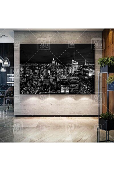 SML TABLO Siyah Beyaz Gece Şehir Manzarası Işıklı Bina Yüksek Katlı Gökdelen ...