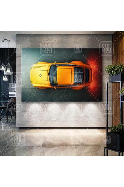 SML TABLO Asfalt Üzerinde Sarı Porsche Klasik Araba Efsane Yatay Kanvas Tablo