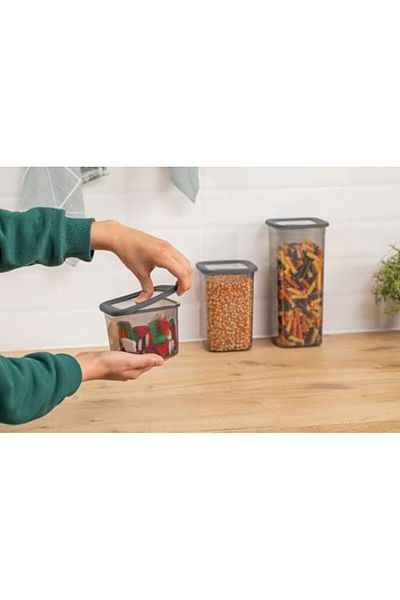 Mu Art Ahşap Set of 3 Square Food Storage Containers with Leakproof Lid 650ml - 1300ml - 1900ml Anthracite 871