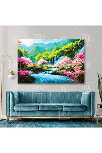 SML TABLO Şelale Doğa Manzarası Fırça İzleri Kiraz Çiçeği Ağacı Yatay Kanvas ...