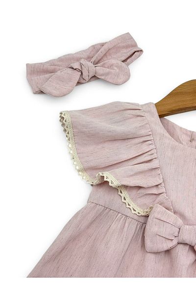 VOY KİDS Baby Girl Soft Thin Linen Summer 3-6-9-12-18 Months Angel Dress and Headband / Bandanania Dress