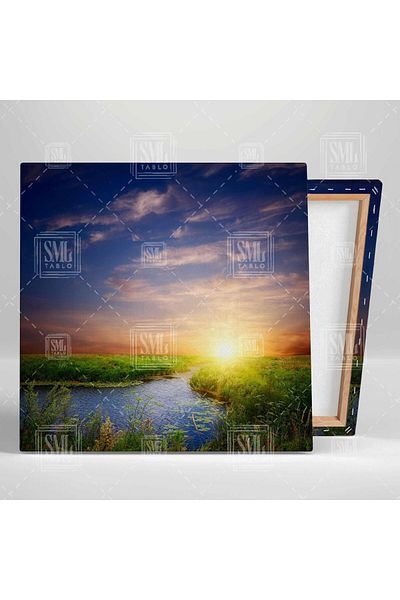 SML TABLO Sunset Stream Nature Reeds Πράσινο τοπίο Τετράγωνο ζωγραφική σε καμβά