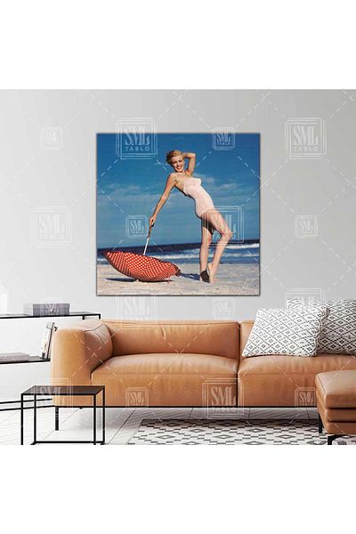 SML TABLO Μαρίνα Μονρό με κόκκινη ομπρέλα Seaside Holiday Beach Γυναικεία Μοντέρνα Τετράγωνη Ζωγραφική σε καμβά