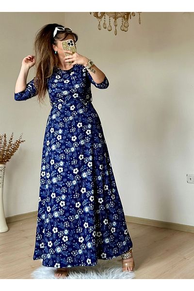 azra moda Ναυτικό μπλε τραγανό φόρεμα με λουλούδια