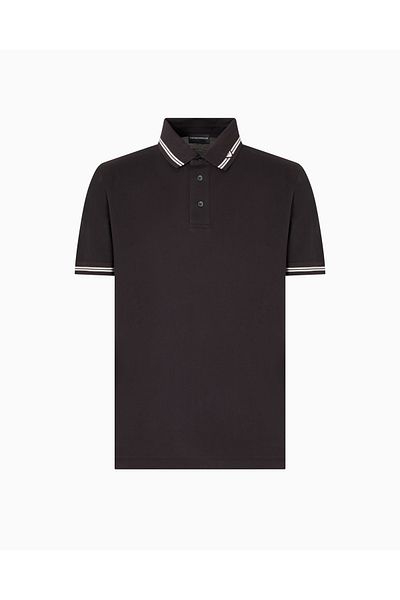 Emporio Armani تي شيرت رجالي بياقة بولو وأكمام قصيرة مع ياقة بأزرار وتفاصيل شريطية على الأطراف السوداء 1 تي شيرت بياقة بولو EM00085