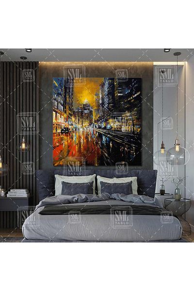 SML TABLO Νυχτερινό τοπίο πόλης Street City Abstract Art Decor Τετράγωνος πίνακας σε καμβά