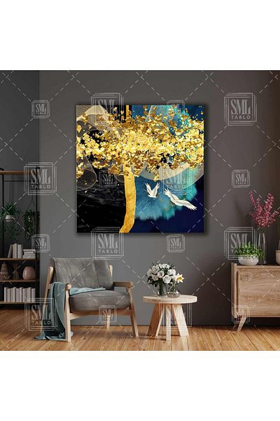 SML TABLO Flying Golden Storks Gold Tree Πολυτελές διακοσμητικό τετράγωνο καμβά