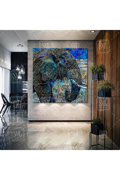 SML TABLO Elephant Nature Wild Animal Golden Looking Stripes Ψηφιακός Ελέφαντας Art Decor Τετράγωνος πίνακας σε καμβά