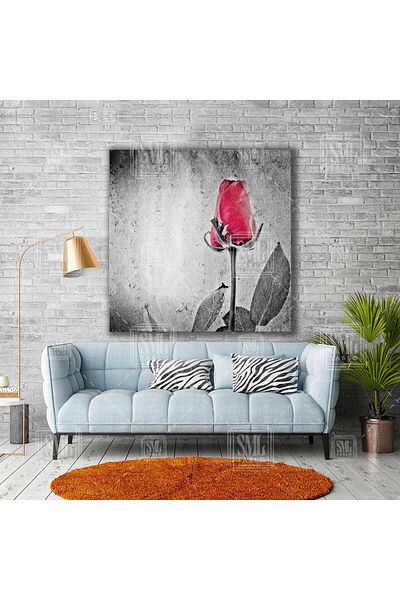 SML TABLO Κόκκινο Gonca Rose Flower Μαύρο Γκρι Διακόσμηση Τετράγωνος Πίνακας Καμβά