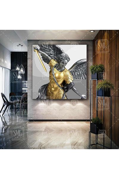 SML TABLO Înger cu sabie în rochie aurie Mikail Mitologia greacă Decor Pictură pătrată gri pe pânză