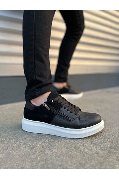 Joy Man Jy155 Warrior Lace-Up and Zipper Skin Suede Men's Casual Sneaker Shoes Csbt - Black