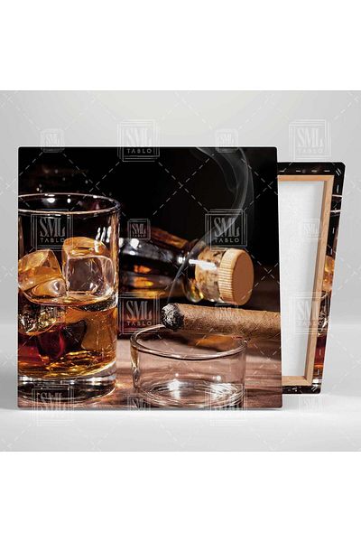 SML TABLO Whiskey Glass Cigar Smoke Luxury Decor Τετράγωνος πίνακας σε καμβά