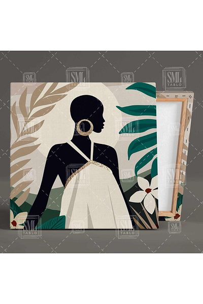 SML TABLO Femeie africană în fața plantelor tropicale care pozează cu cercei mari cu sclipici galbene, tablă pătrată din pânză