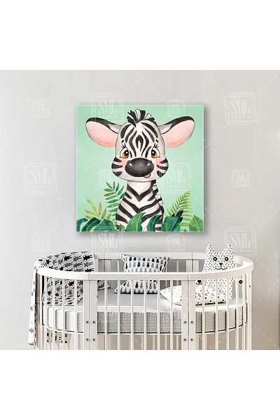 SML TABLO Baby Zebra Tropical Plants Πράσινο φόντο Βρεφικό δωμάτιο Καμβάς Τετράγωνος πίνακας