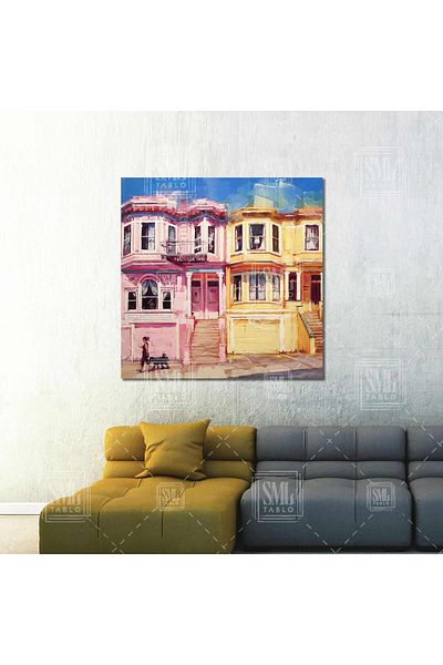 SML TABLO Colorate Nostalgia Case Retro Pictură în ulei Efect de pânză pătrată