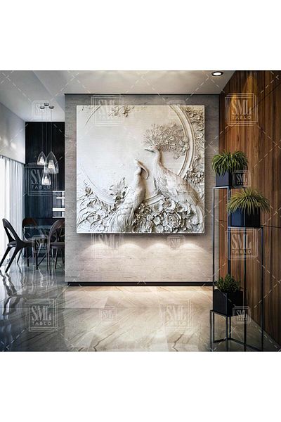 SML TABLO Două Păsări Păsări Statuie de perete Ornament de perete în relief Pictură decorativă pătrată pe pânză