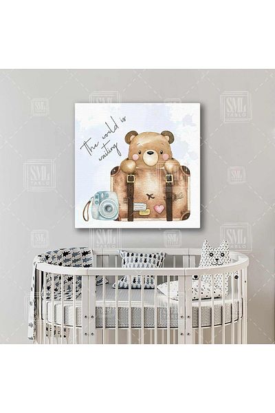 SML TABLO The World Is Waiting Teddy Bear and World Map Square Canvas Painting