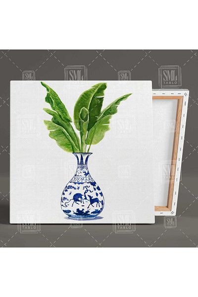 SML TABLO Vază din țiglă și plantă verde pictură pătrată în acuarelă minimă
