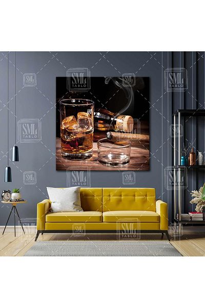 SML TABLO Whiskey Glass Cigar Smoke Luxury Decor Τετράγωνος πίνακας σε καμβά