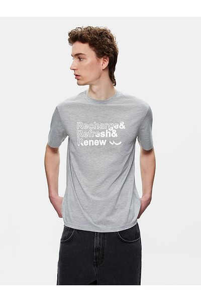 Ltb Basic Slogan Printed Straight Cut Regular Gray T-Shirt