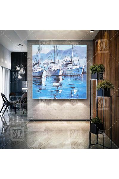 SML TABLO Yacht Harbor Sailors Sea Reflection Τετράγωνος πίνακας σε καμβά