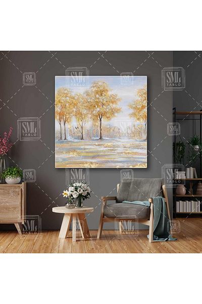 SML TABLO Pictură pe pânză pătrată decorativă de lux cu pădure de culoare aurie