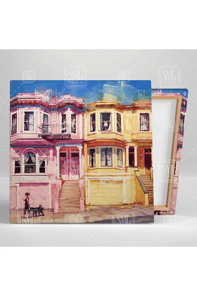 SML TABLO Colorate Nostalgia Case Retro Pictură în ulei Efect de pânză pătrată