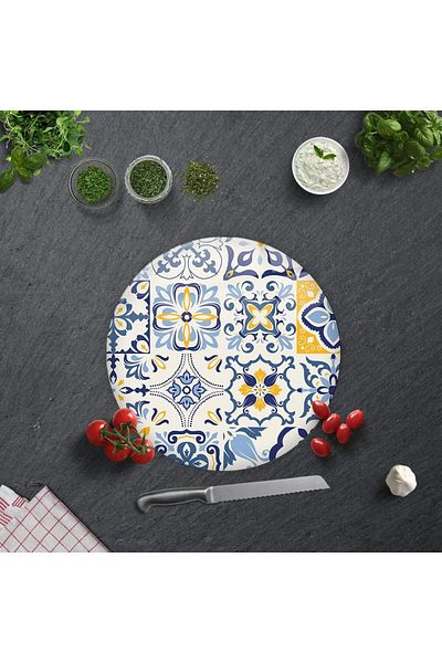 Mu Art Ahşap Mrt Blue Tile Pattern |   Glass Cutting Board (Diameter 32 cm) Art 871301