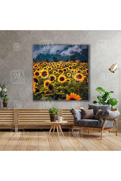 SML TABLO Sunflower Field Nature Landscape Decor Σύννεφα Ουρανός Τετράγωνος Πίνακας ζωγραφικής σε καμβά
