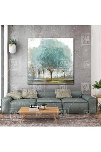 SML TABLO Blue Leaf Tree Nature Landscape Εφέ ελαιογραφίας Τετράγωνος πίνακας σε καμβά