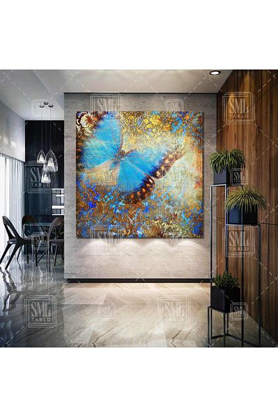 SML TABLO Blue Butterfly Nature Animal Abstract Decor Τετράγωνος πίνακας σε καμβά