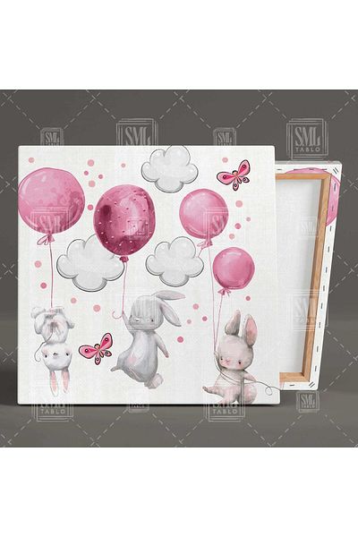 SML TABLO Flying Bunny Cubs Pink Balloon Χαρακτήρας κινουμένων σχεδίων Διακόσμηση παιδικού δωματίου Τετράγωνος πίνακας σε καμβά