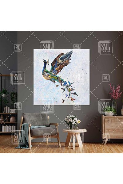 SML TABLO Simurg Bird Emerald Phoenix Flying Birds Τετράγωνος πίνακας σε καμβά