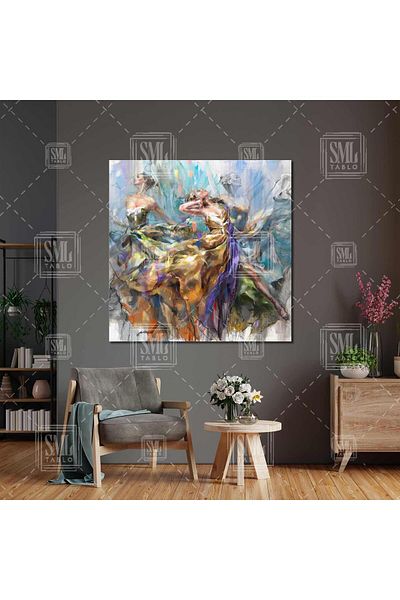 SML TABLO Femeie care dansează într-o rochie de culoare galbenă violet Art Abstract Woman Square Canvas Painting
