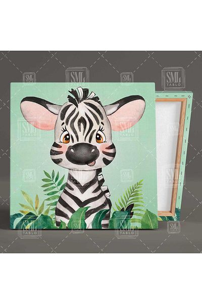 SML TABLO Baby Zebra Tropical Plants Πράσινο φόντο Βρεφικό δωμάτιο Καμβάς Τετράγωνος πίνακας
