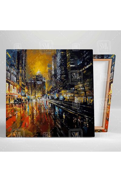SML TABLO Νυχτερινό τοπίο πόλης Street City Abstract Art Decor Τετράγωνος πίνακας σε καμβά