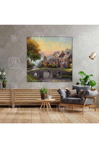 SML TABLO Efect de pictură în ulei Lumini Case arzătoare Natură Pod de piatră Peisaj Pătrat Pictură pe pânză