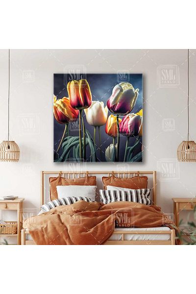 SML TABLO Λευκές και πορτοκαλί τουλίπες Flower Garden Flower Square Πίνακας σε καμβά