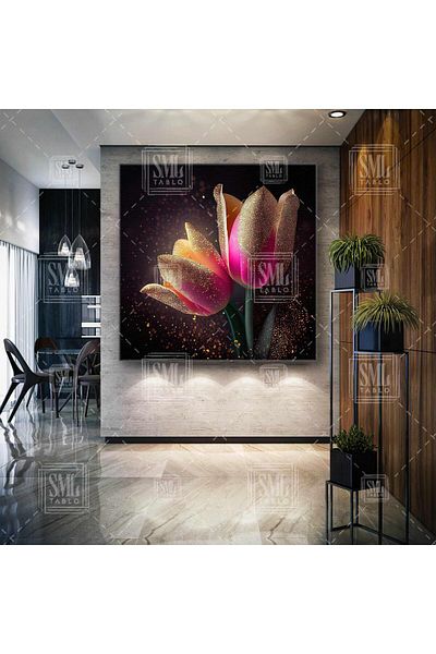 SML TABLO Pink Tulip Gold Λεπτομερής Golden Glitters Πολυτελής διακοσμητική τετράγωνη επιτραπέζια ζωγραφική