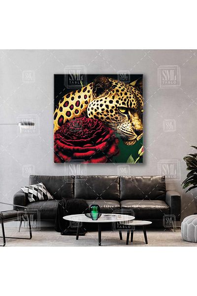 SML TABLO Trandafir Roșu și Ilustrație Leopard Nobil Pictură Pătrată Pe Pânză