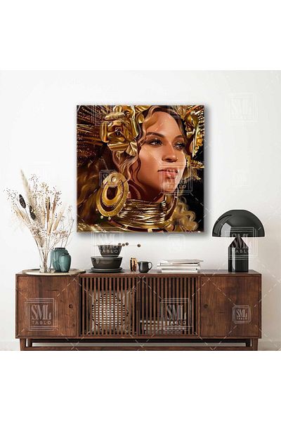 SML TABLO Beyonce Illustration Legend R&B Queen Τετράγωνος πίνακας σε καμβά με χρυσά αξεσουάρ