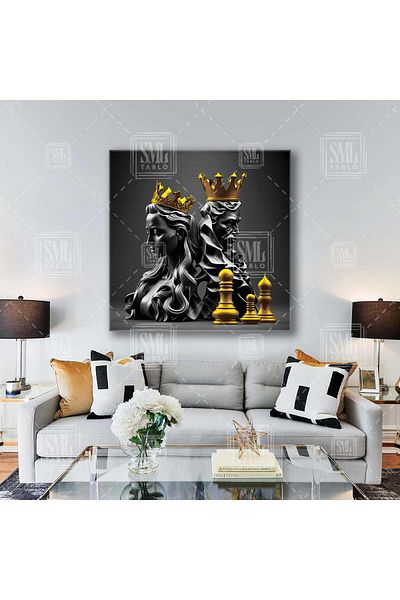 SML TABLO Χρυσές λεπτομερείς πέτρες σκακιού King and Queen Square Canvas Painting