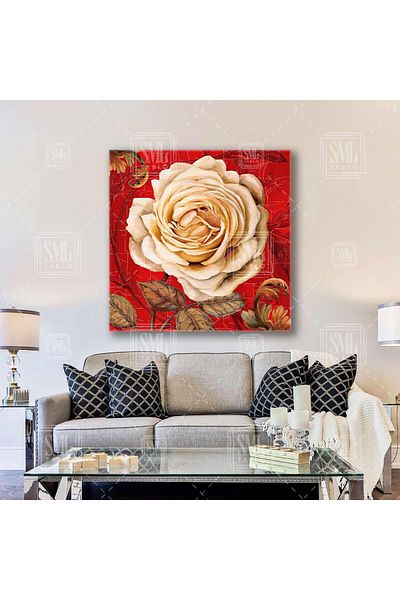 SML TABLO Floare mare de trandafir alb Fundal roșu Decorativ Vintage Pătrat Canvas Art